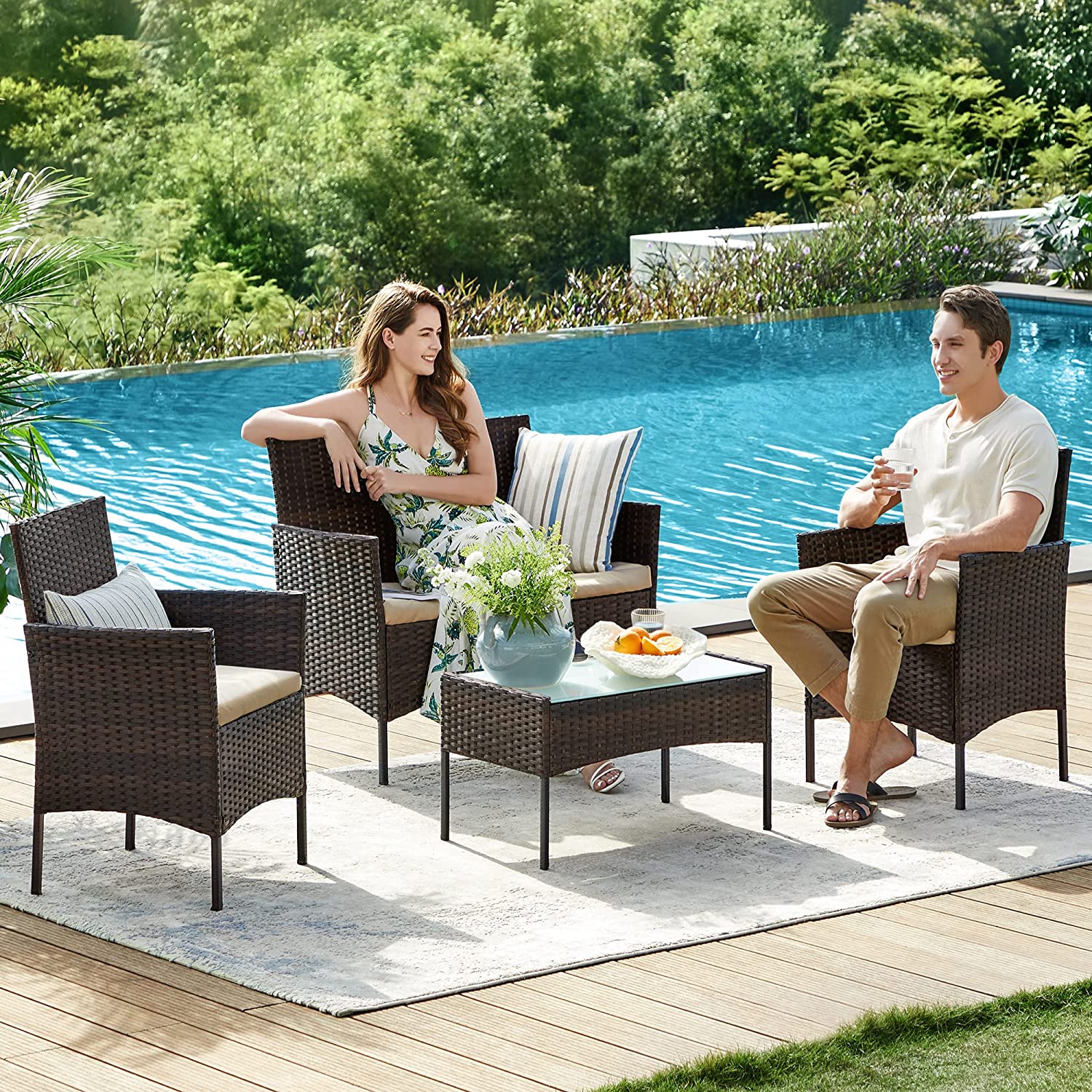 Outdoor Furniture Set – Polyrattan – Black and Beige – Complete 4-Piece Collection for Patio and Balcony