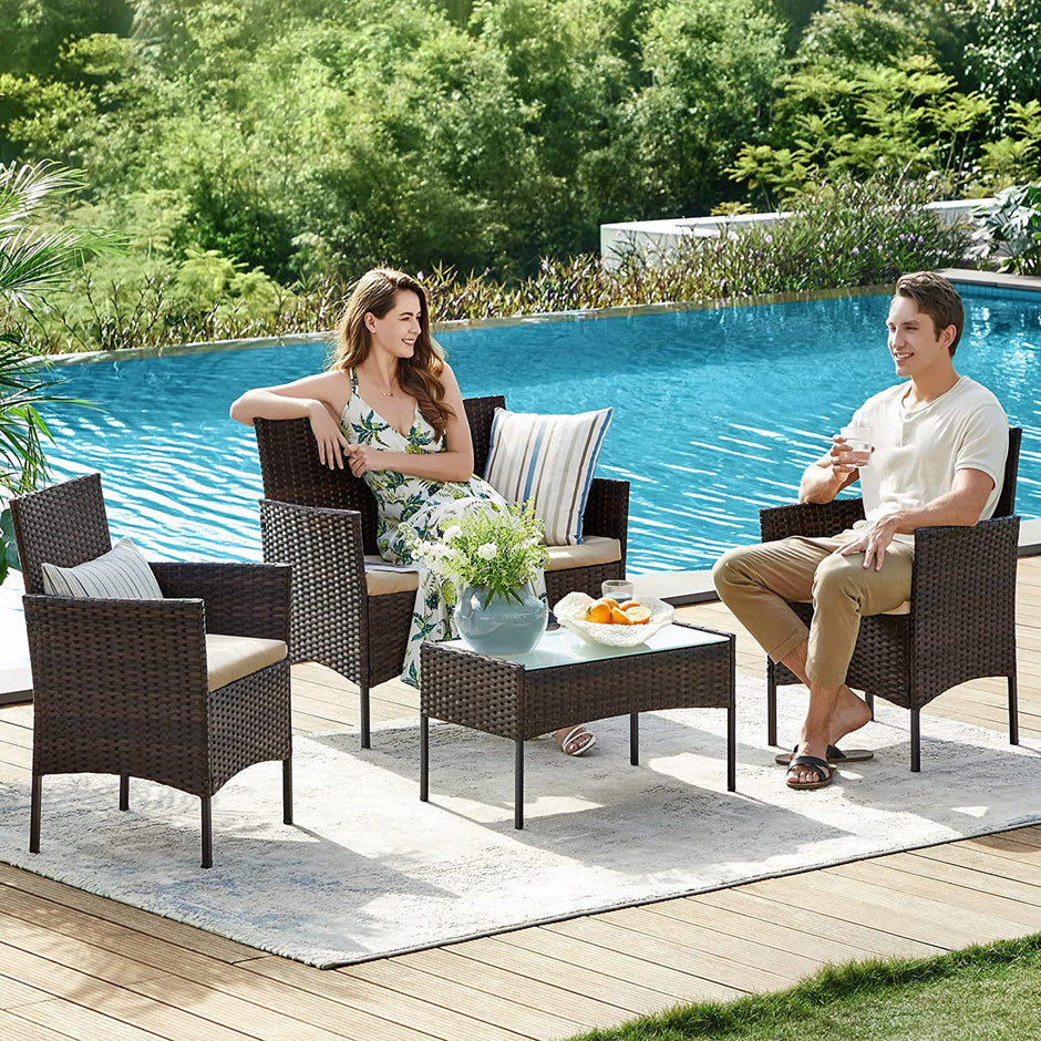 Outdoor Furniture Set – Polyrattan – Black and Beige – Complete 4-Piece Collection for Patio and Balcony