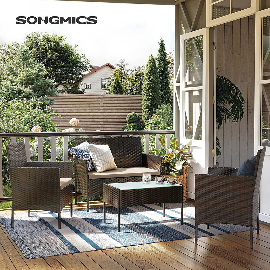 Outdoor Furniture Set – Polyrattan – Black and Beige – Complete 4-Piece Collection for Patio and Balcony