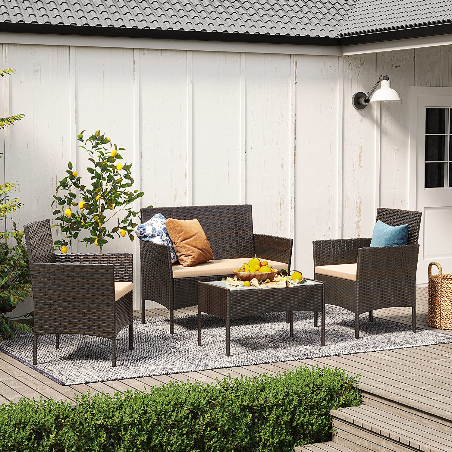 Outdoor Furniture Set – Polyrattan – Black and Beige – Complete 4-Piece Collection for Patio and Balcony
