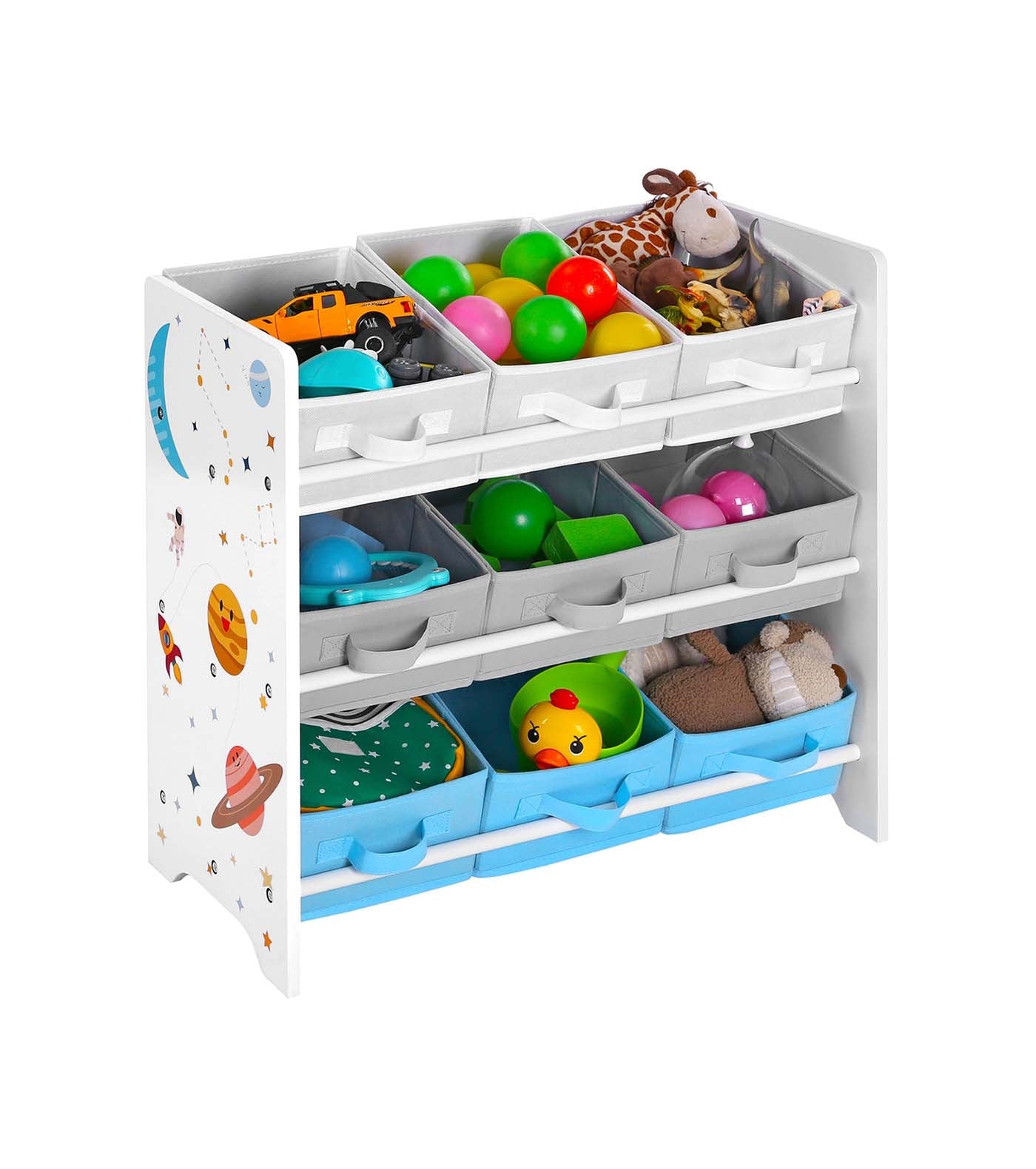 Toy Storage Shelf – Wood – White – Includes 9 Removable Non-Woven Fabric Boxes