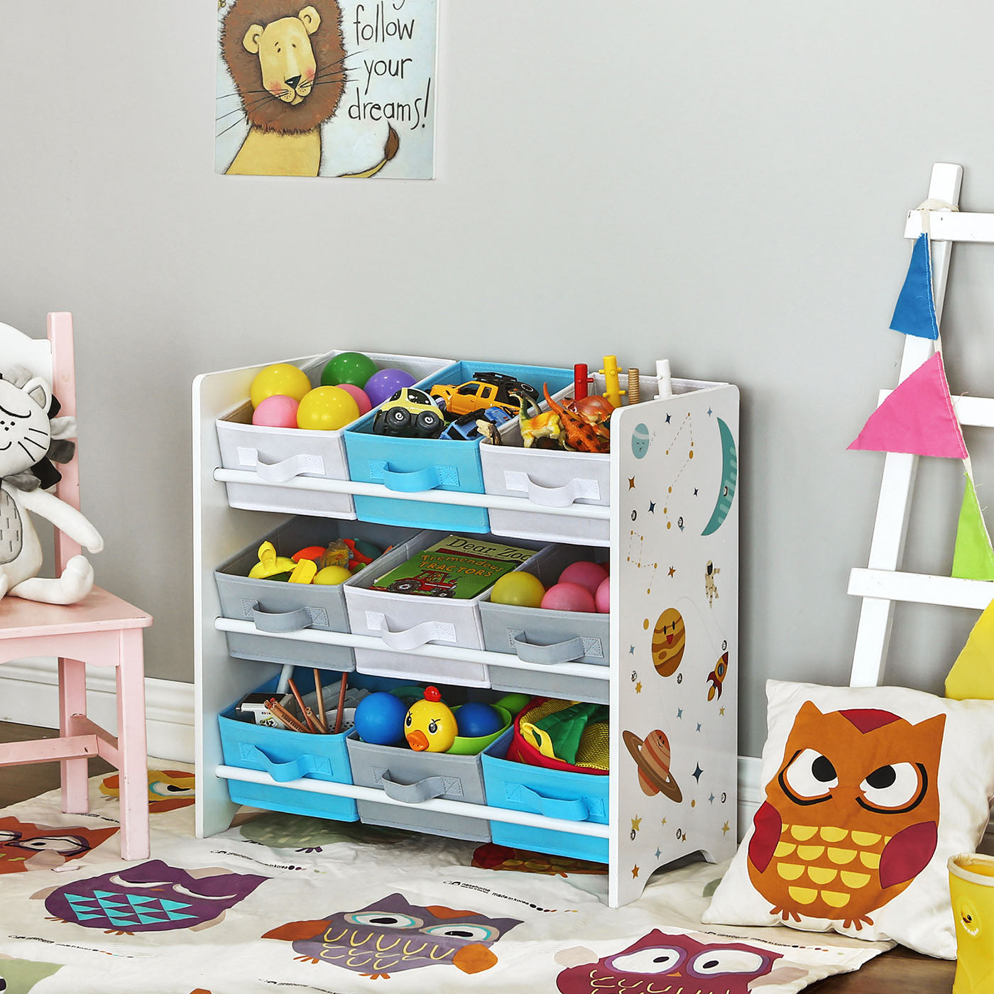 Toy Storage Shelf – Wood – White – Includes 9 Removable Non-Woven Fabric Boxes