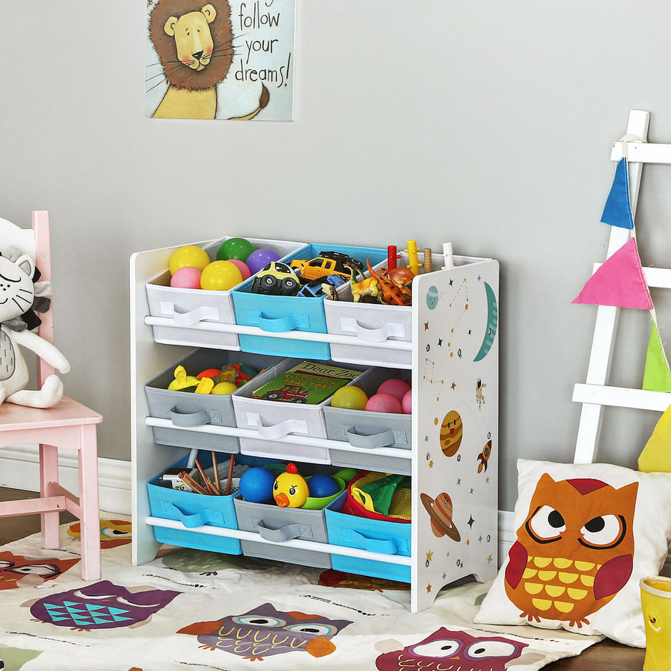 Toy Storage Shelf – Wood – White – Includes 9 Removable Non-Woven Fabric Boxes