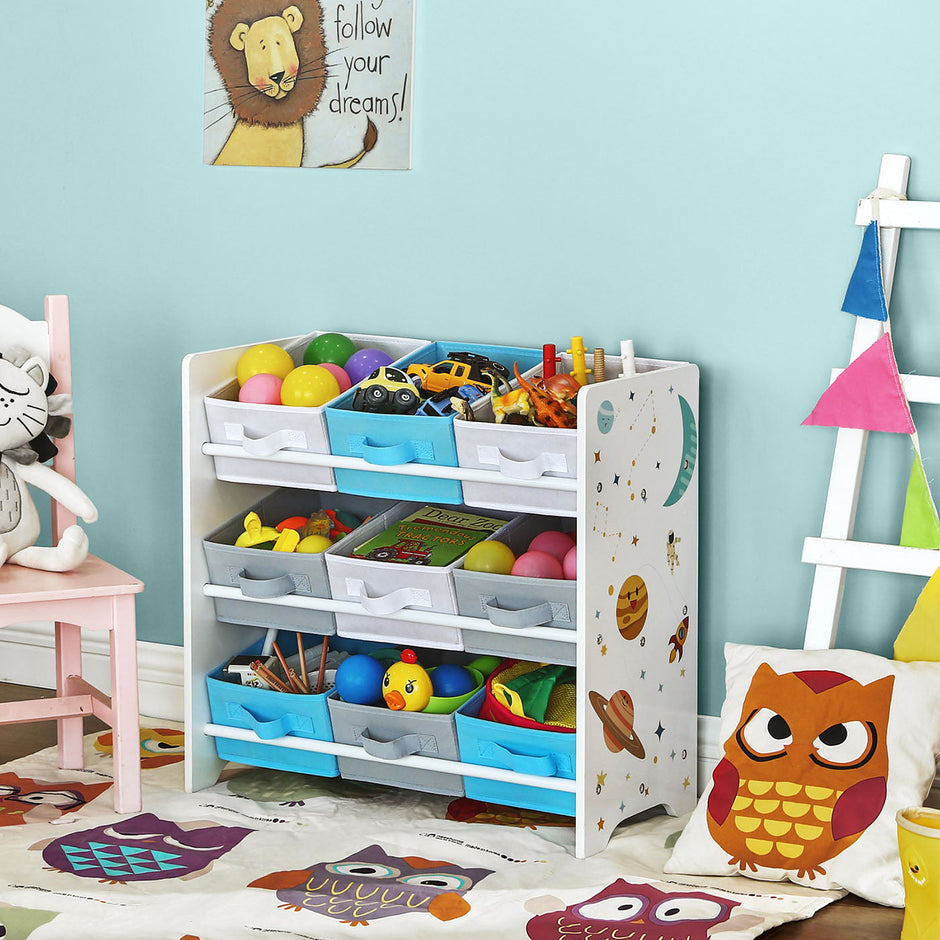 Toy Storage Shelf – Wood – White – Includes 9 Removable Non-Woven Fabric Boxes
