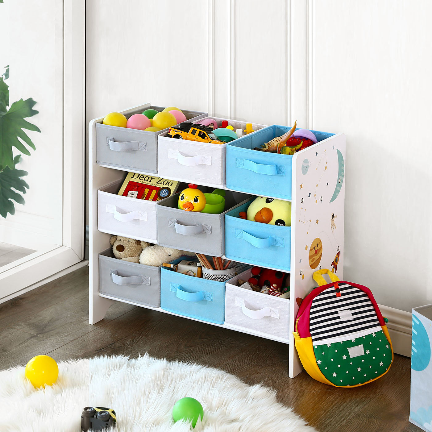 Toy Storage Shelf – Wood – White – Includes 9 Removable Non-Woven Fabric Boxes