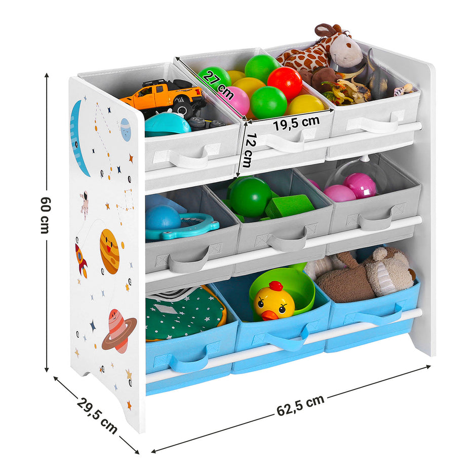 Toy Storage Shelf – Wood – White – Includes 9 Removable Non-Woven Fabric Boxes