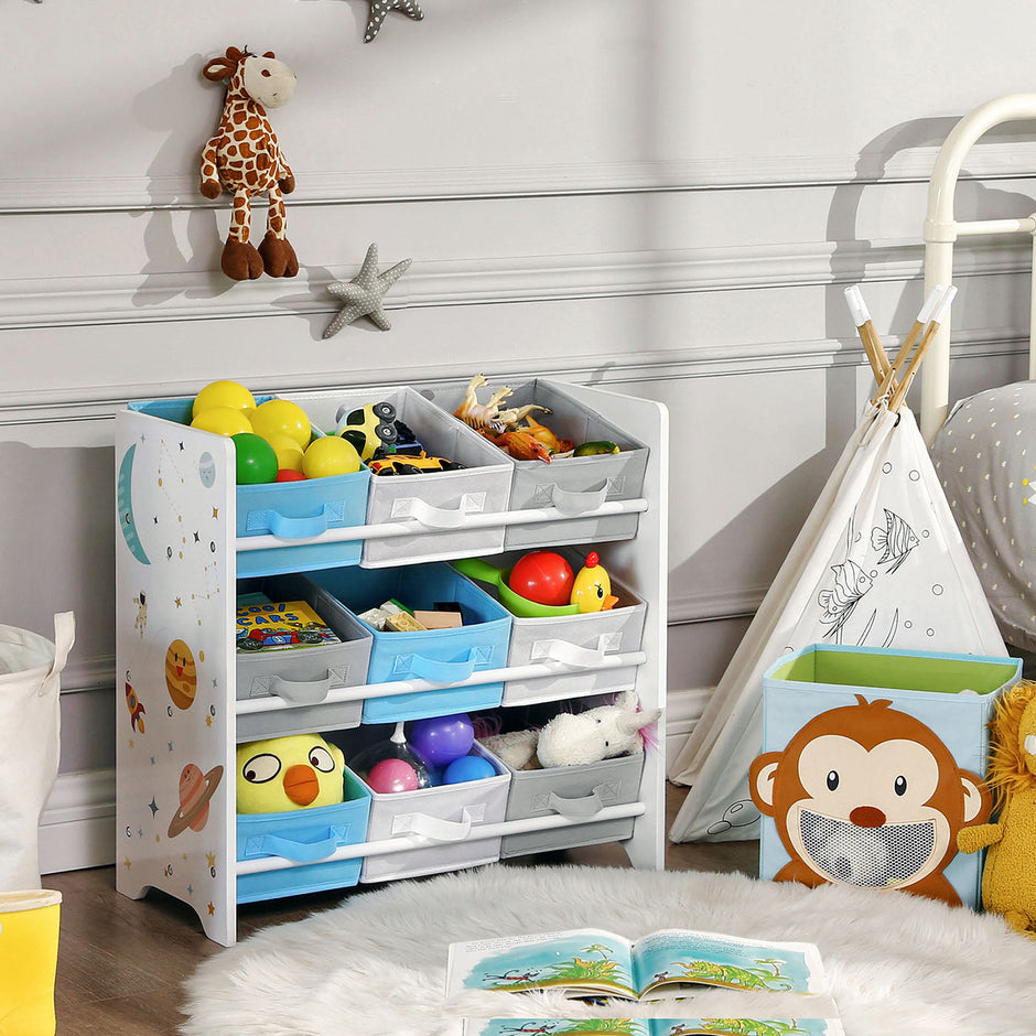 Toy Storage Shelf – Wood – White – Includes 9 Removable Non-Woven Fabric Boxes