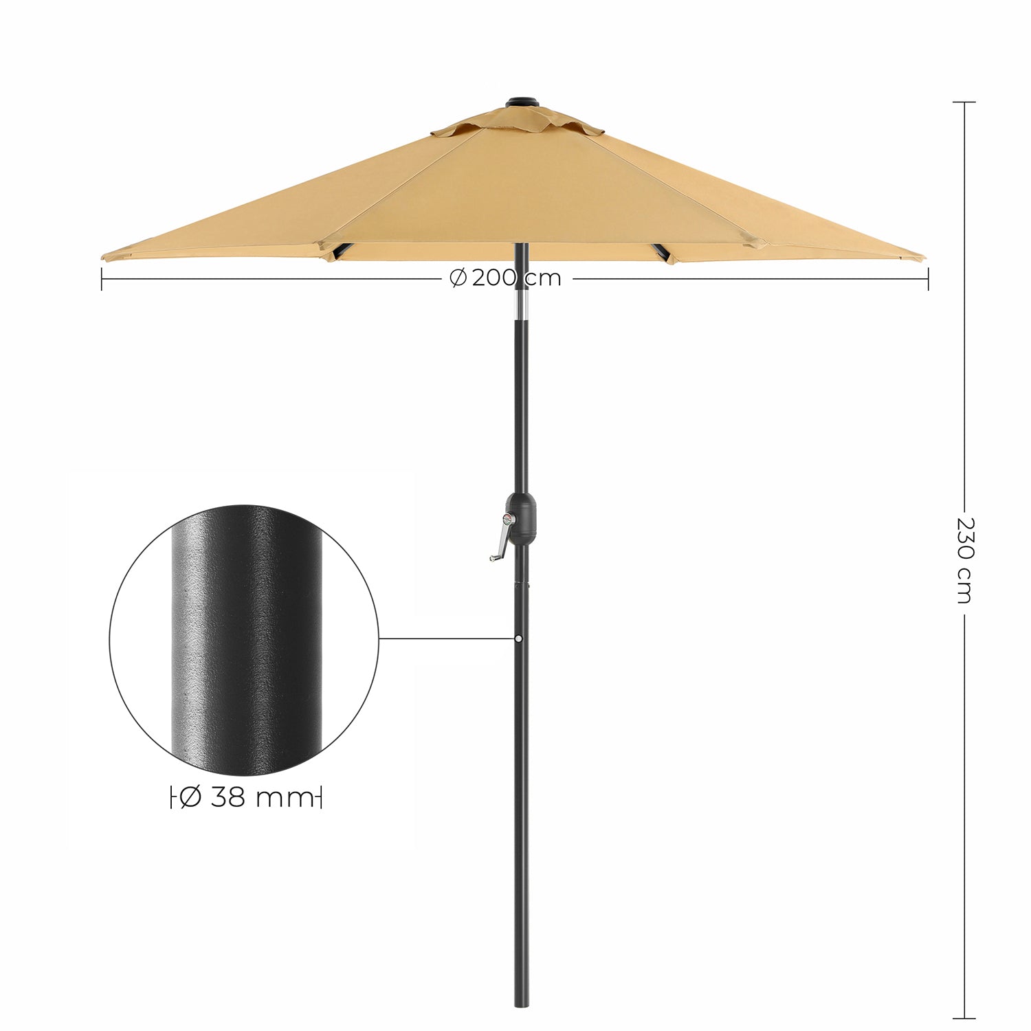 Garden Parasol Umbrella – Metal – Grey – UPF 50+ Protection, Tiltable, 2 m