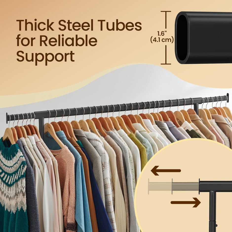 Heavy-Duty Clothes Rack – Metal – Matte Black – Extendable Rod, 286.6 lb Load Capacity, Wheeled