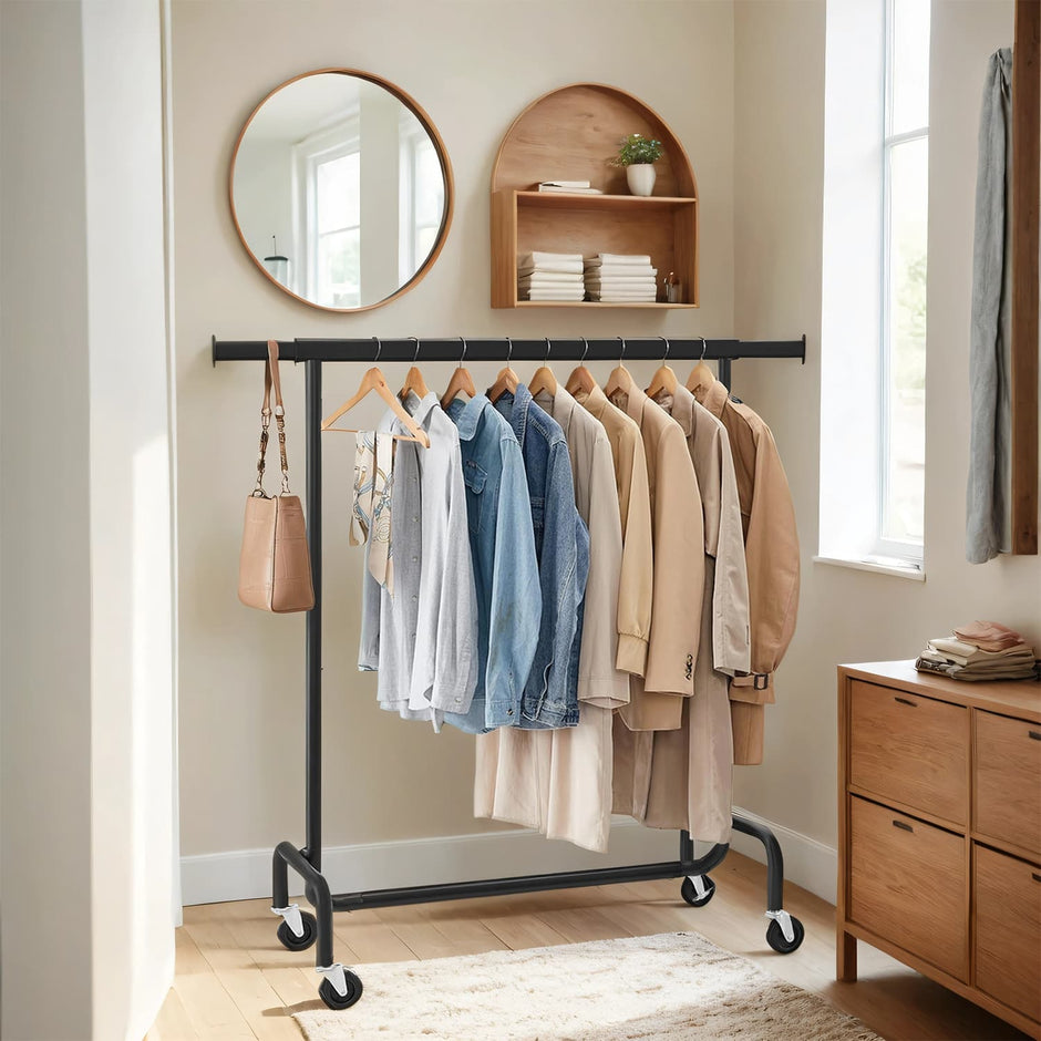 Heavy-Duty Clothes Rack – Metal – Matte Black – Extendable Rod, 286.6 lb Load Capacity, Wheeled