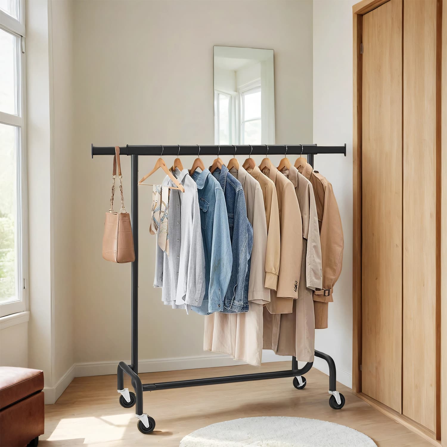 Heavy-Duty Clothes Rack – Metal – Matte Black – Extendable Rod, 286.6 lb Load Capacity, Wheeled