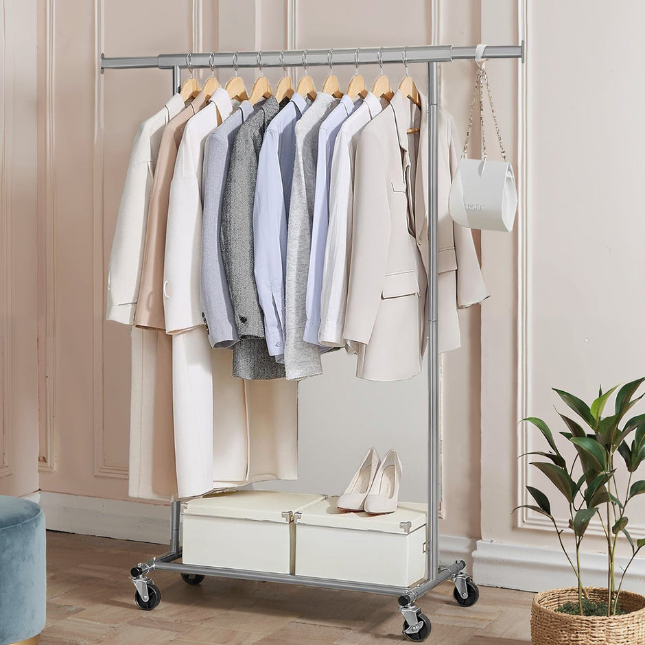 Clothes Rack – Metal – Silver – Heavy Duty, Extendable, Portable, Load Capacity 90 kg