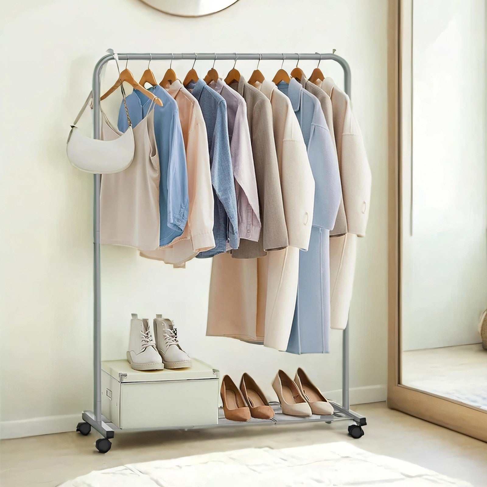 Mobile Clothing Rail – Metal – Black – Lockable Wheels and Storage Shelf