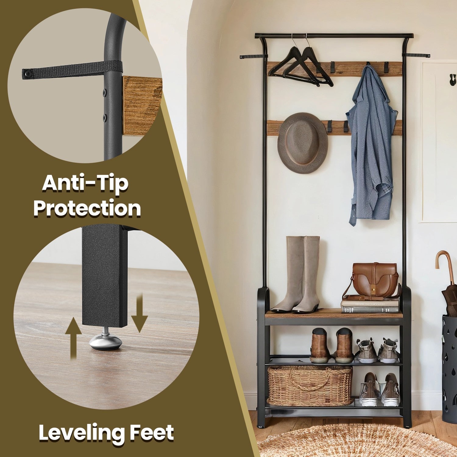Coat Rack – Steel – Hazelnut Brown and Black – 4-in-1 Design with Shoe Storage Bench