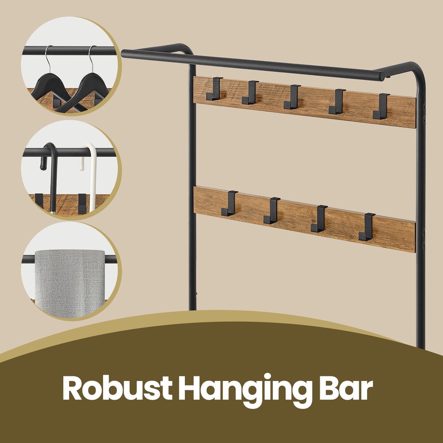 Coat Rack – Steel – Hazelnut Brown and Black – 4-in-1 Design with Shoe Storage Bench