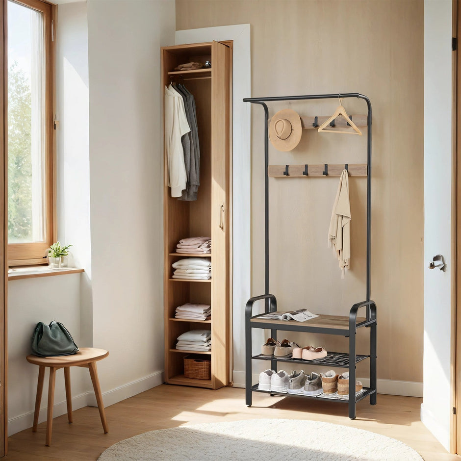 Coat Rack – Steel – Hazelnut Brown and Black – 4-in-1 Design with Shoe Storage Bench