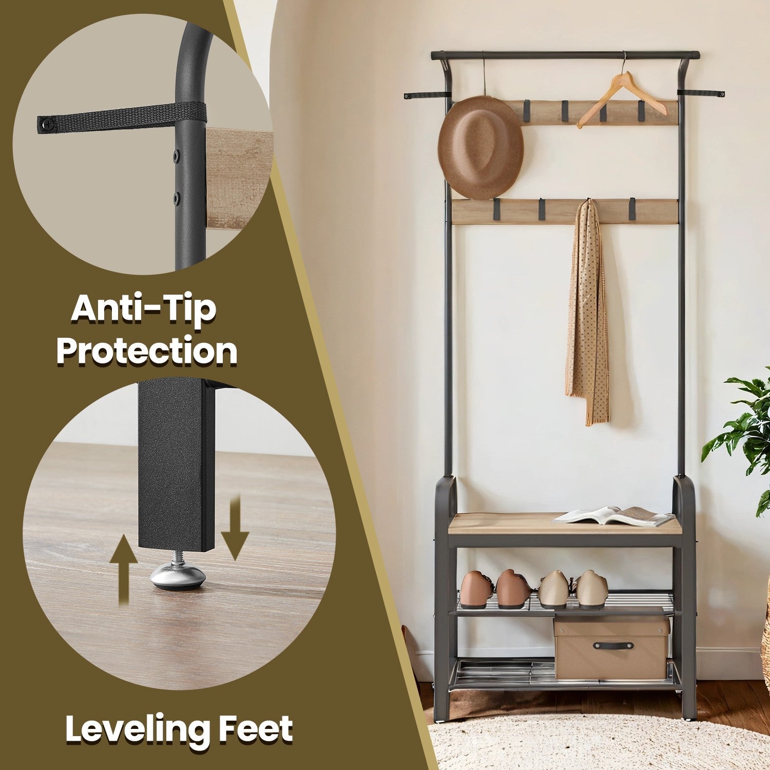 Coat Rack – Steel – Hazelnut Brown and Black – 4-in-1 Design with Shoe Storage Bench