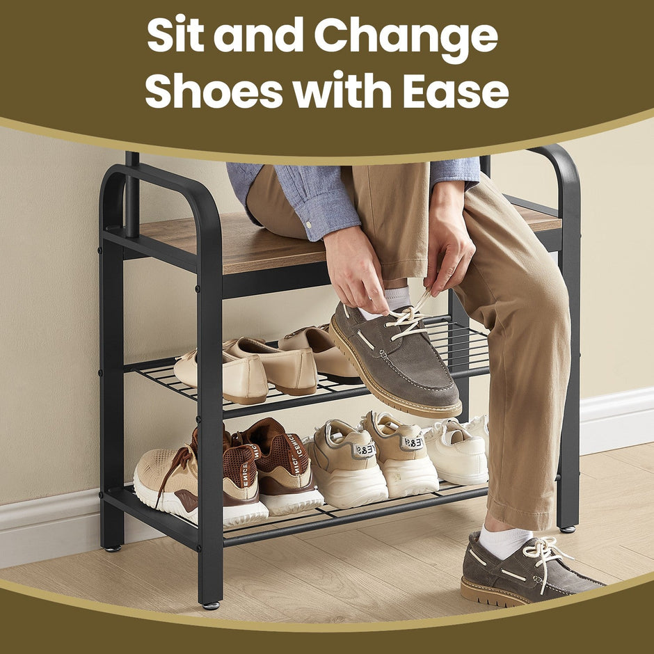 Coat Rack – Steel – Hazelnut Brown and Black – 4-in-1 Design with Shoe Storage Bench