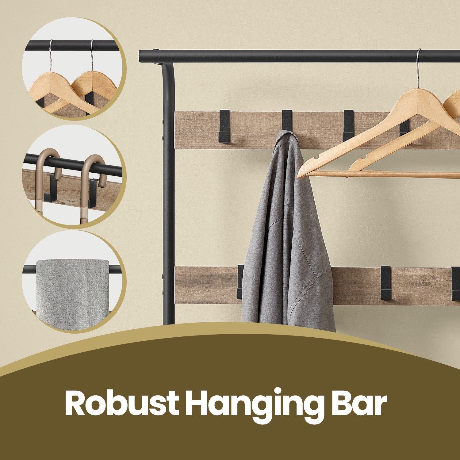 Coat Rack – Steel – Hazelnut Brown and Black – 4-in-1 Design with Shoe Storage Bench