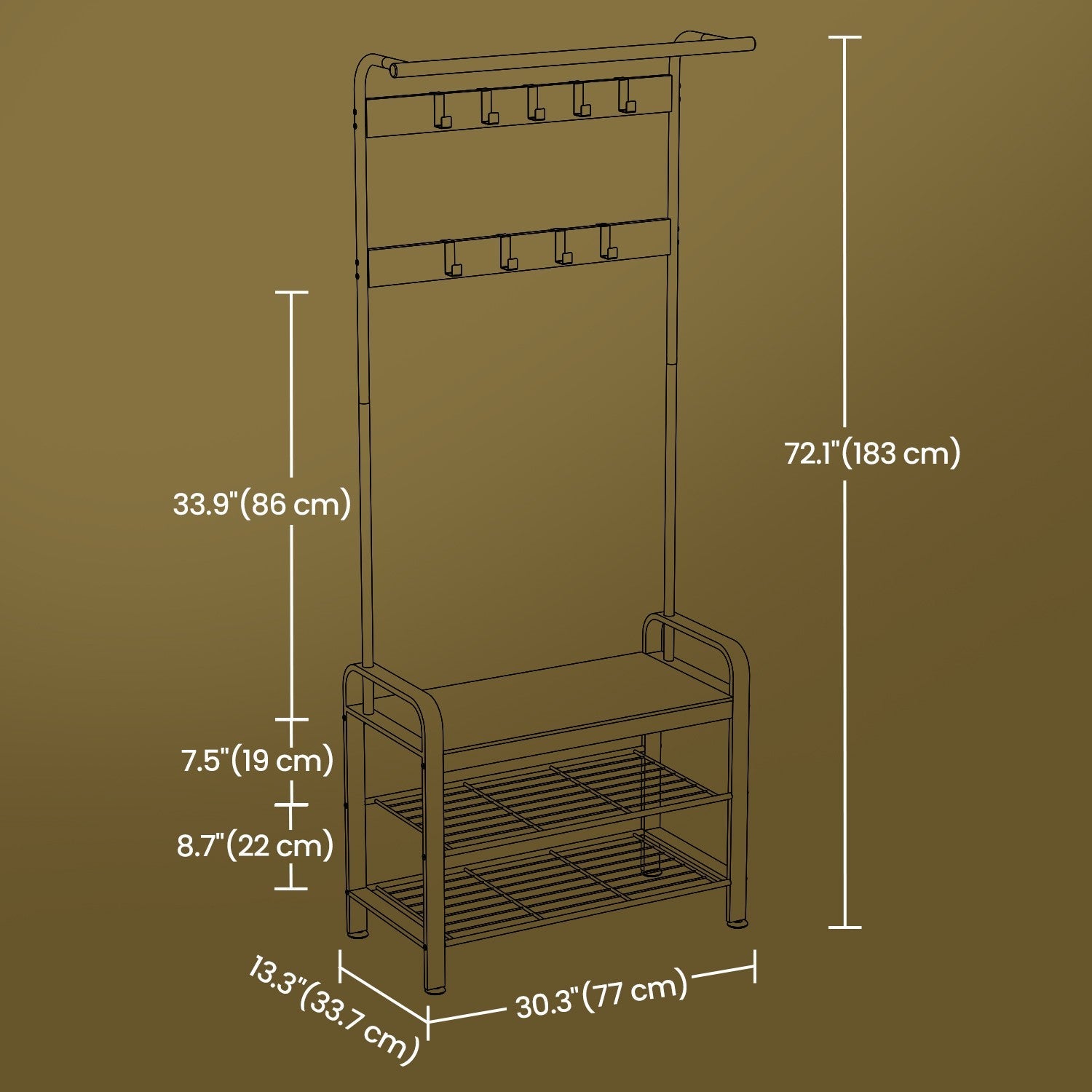 Coat Rack – Steel – Hazelnut Brown and Black – 4-in-1 Design with Shoe Storage Bench