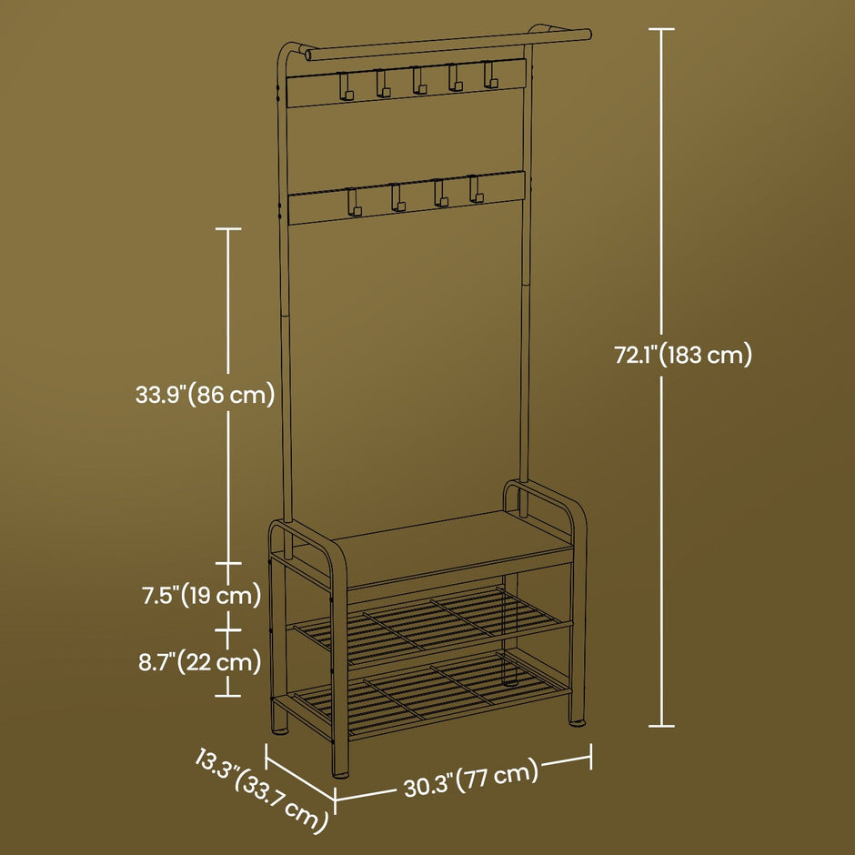 Coat Rack – Steel – Hazelnut Brown and Black – 4-in-1 Design with Shoe Storage Bench