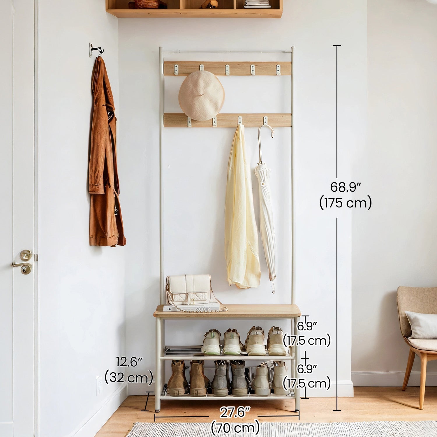 Coat Rack Stand with Shoe Storage Bench – Oak and Cream – Industrial Design with Hooks