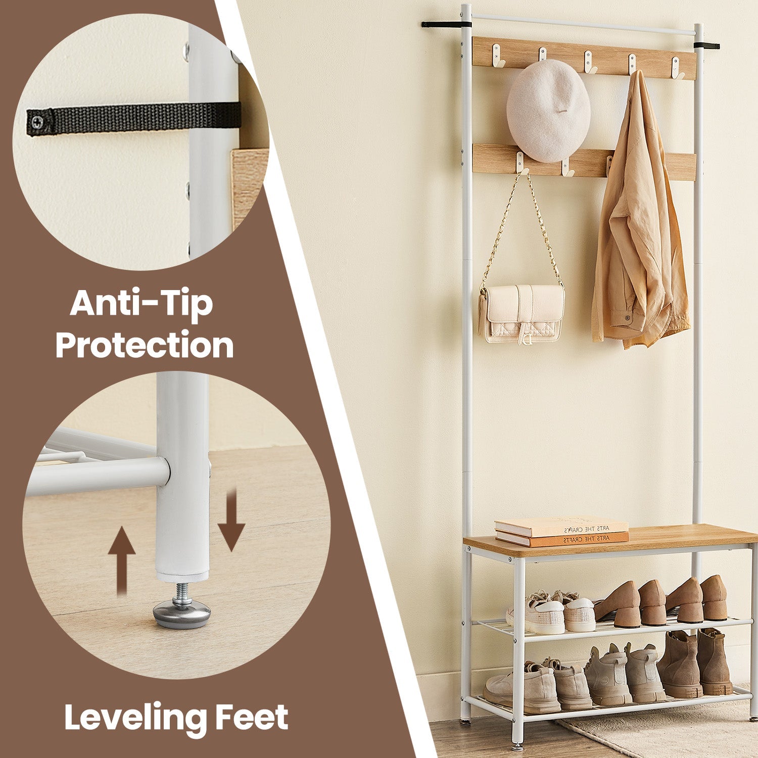 Coat Rack Stand with Shoe Storage Bench – Oak and Cream – Industrial Design with Hooks