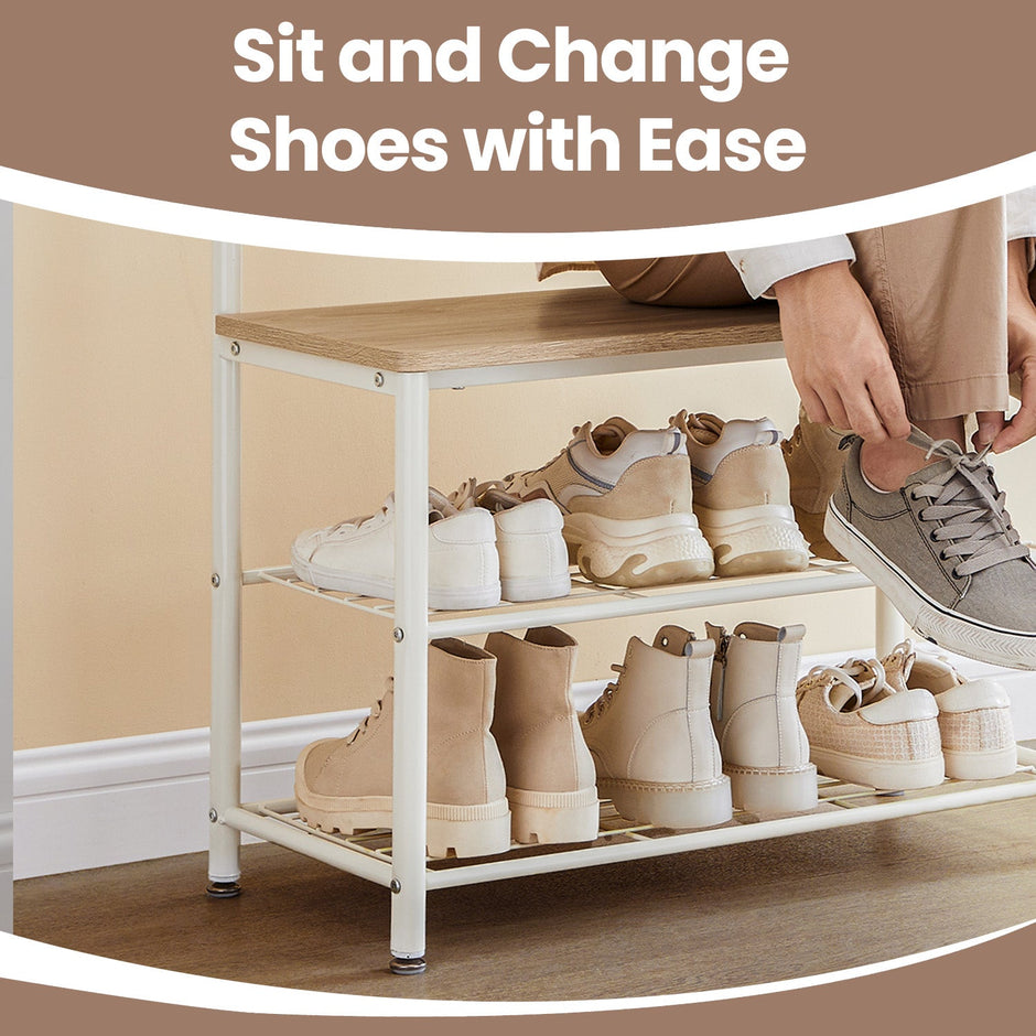 Coat Rack Stand with Shoe Storage Bench – Oak and Cream – Industrial Design with Hooks