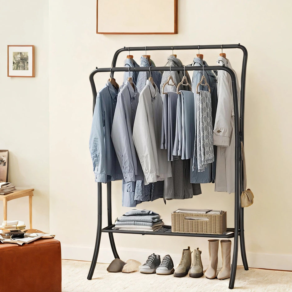 Clothing Rack – Metal – Heavy Duty – Portable with Storage Shelves and Hooks
