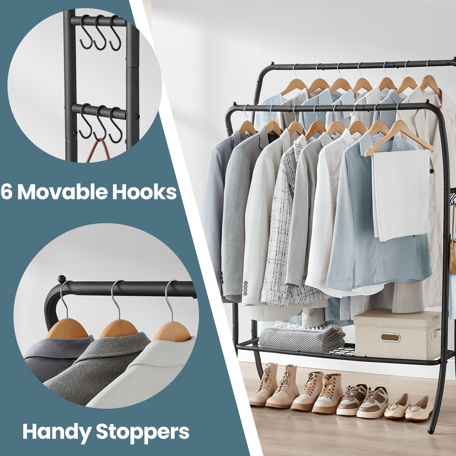 Clothing Rack – Metal – Heavy Duty – Portable with Storage Shelves and Hooks