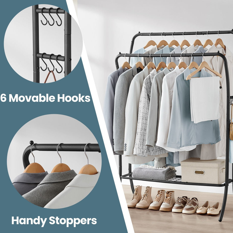 Clothing Rack – Metal – Heavy Duty – Portable with Storage Shelves and Hooks