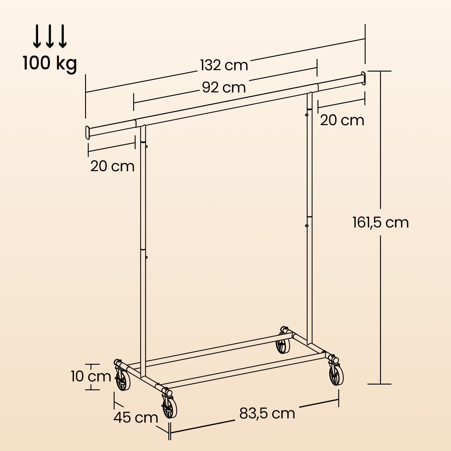 Garment Rail – Metal – Black – Adjustable, Heavy Duty with Wheels and 100 kg Load Capacity