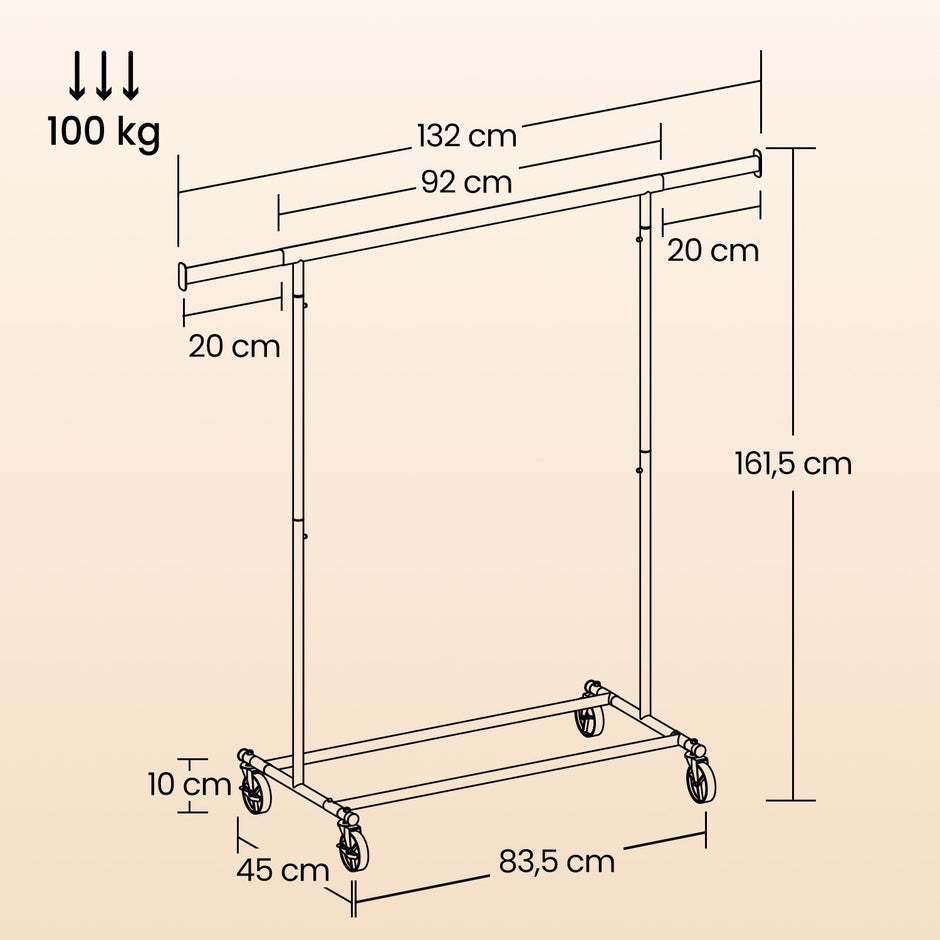 Garment Rail – Metal – Black – Adjustable, Heavy Duty with Wheels and 100 kg Load Capacity