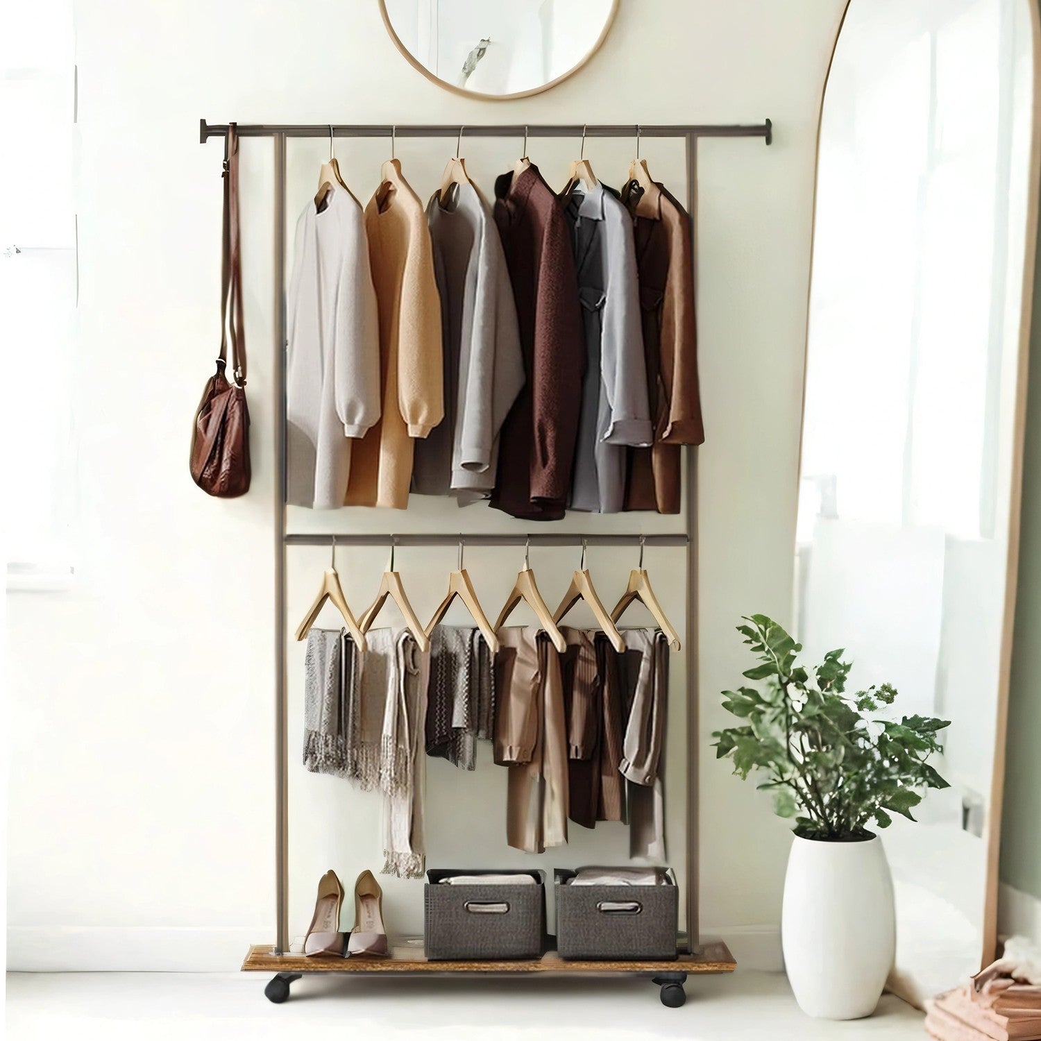 Mobile Garment Rack – Metal – Grey – Height-Adjustable with Double Hanging Rods and Storage Shelf