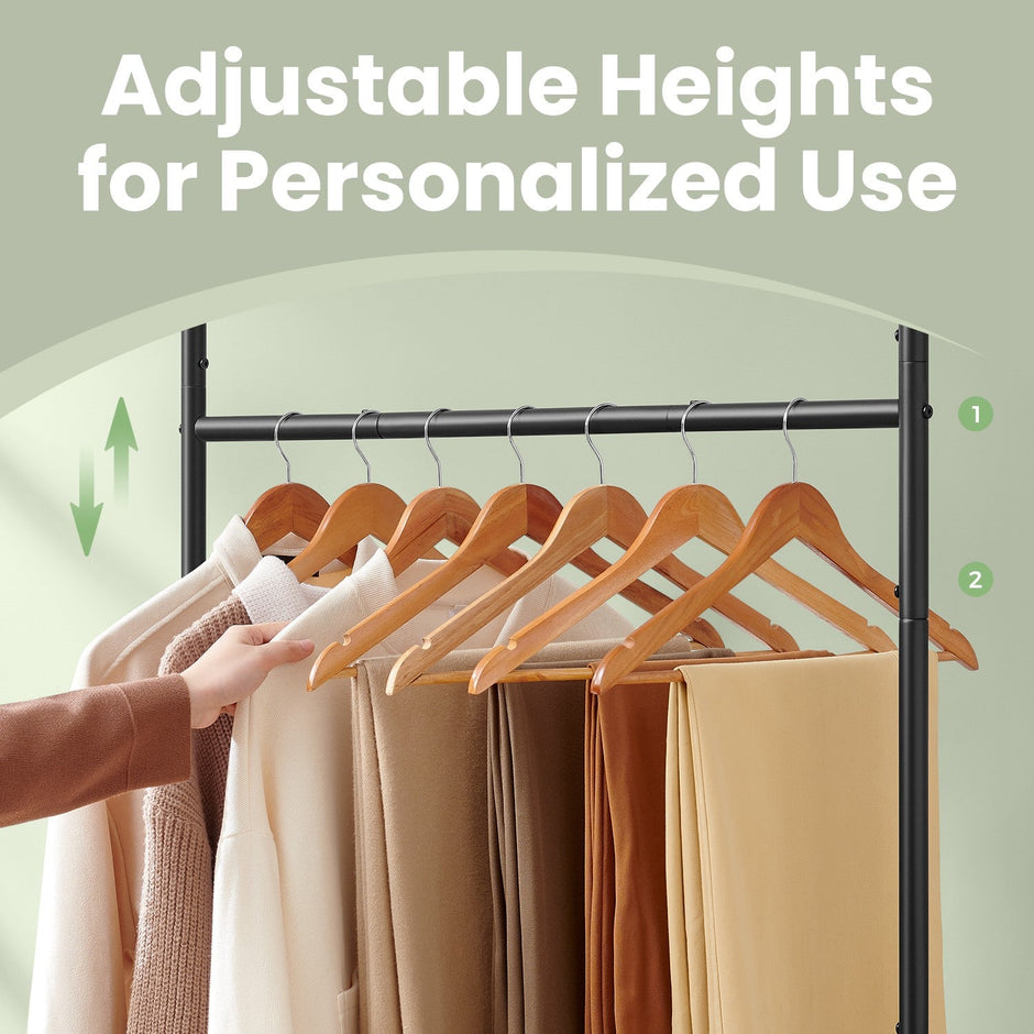Mobile Garment Rack – Metal – Grey – Height-Adjustable with Double Hanging Rods and Storage Shelf
