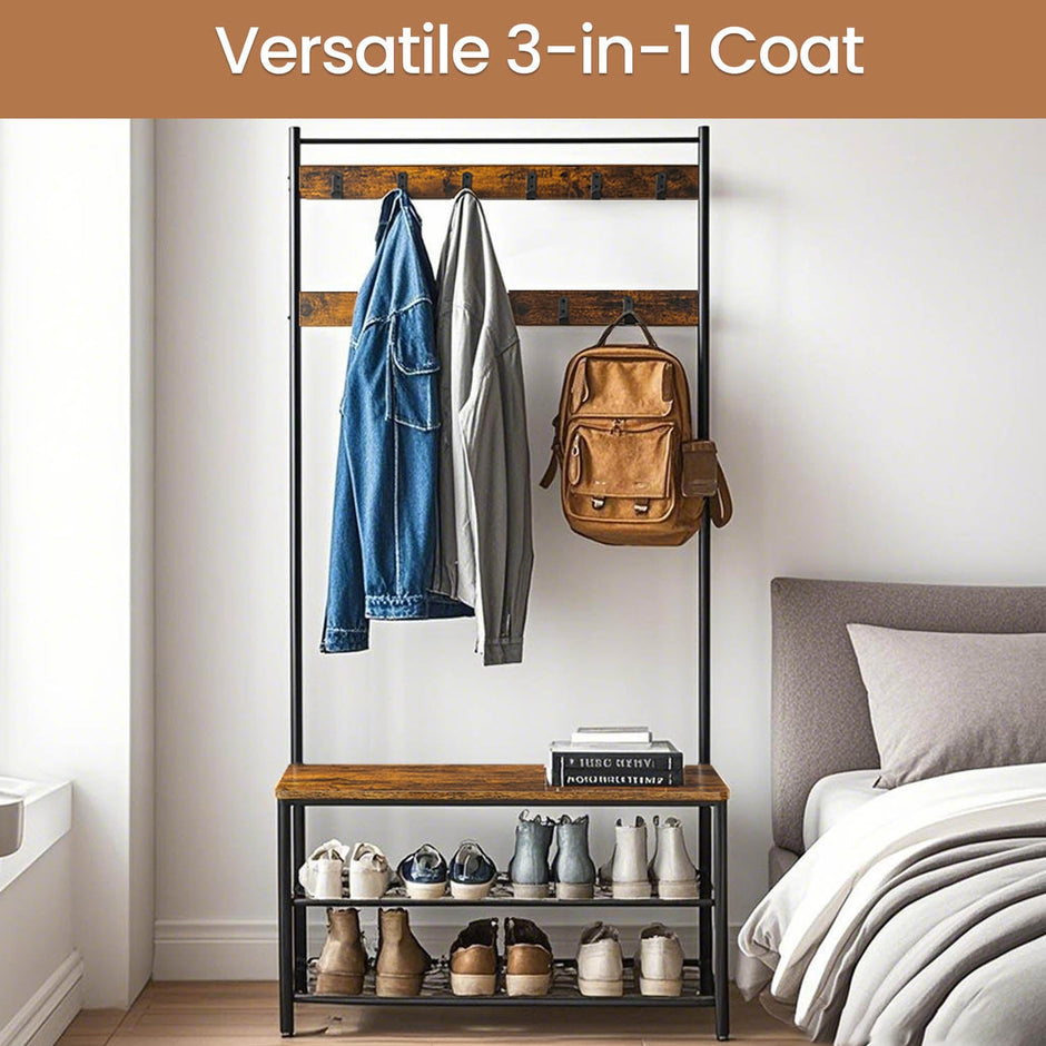 Coat Rack – Wood and Metal – Rustic Brown and Black – Hall Tree with Shoe Storage Bench