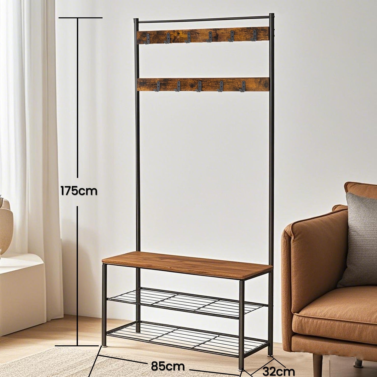 Coat Rack – Wood and Metal – Rustic Brown and Black – Hall Tree with Shoe Storage Bench