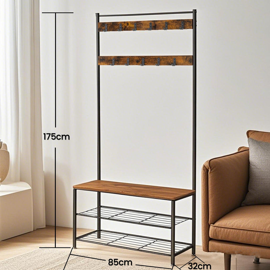 Coat Rack – Wood and Metal – Rustic Brown and Black – Hall Tree with Shoe Storage Bench