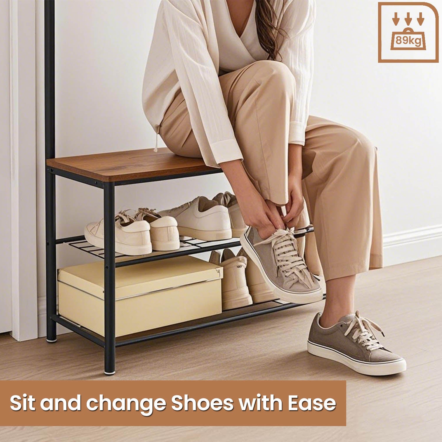 Coat Rack – Wood and Metal – Rustic Brown and Black – Hall Tree with Shoe Storage Bench