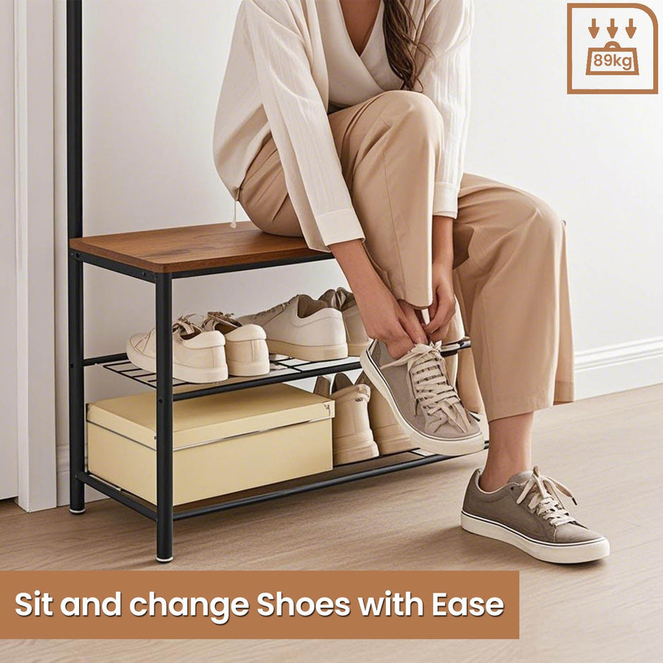 Coat Rack – Wood and Metal – Rustic Brown and Black – Hall Tree with Shoe Storage Bench