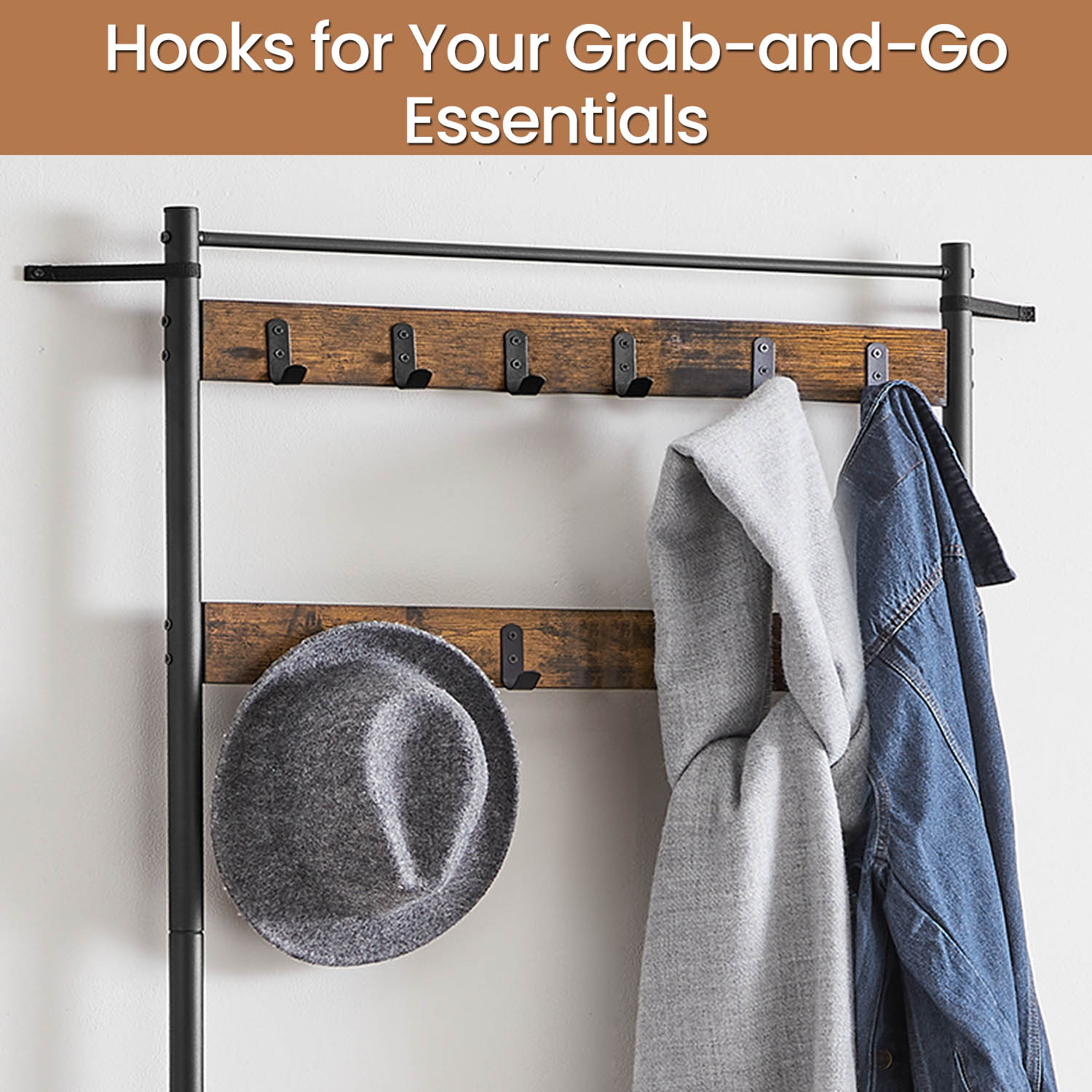 Coat Rack – Wood and Metal – Rustic Brown and Black – Hall Tree with Shoe Storage Bench