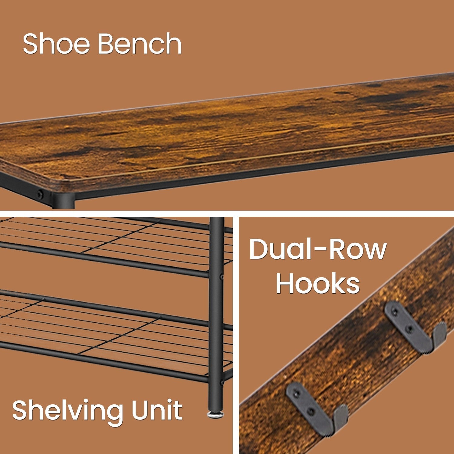 Coat Rack – Wood and Metal – Rustic Brown and Black – Hall Tree with Shoe Storage Bench