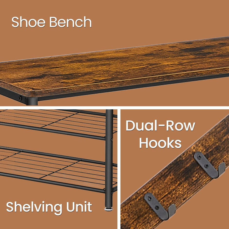 Coat Rack – Wood and Metal – Rustic Brown and Black – Hall Tree with Shoe Storage Bench