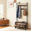 Coat Rack with Shoe Storage – Wood and Metal – Rustic Brown and Black – 9 Hooks and Top Shelf