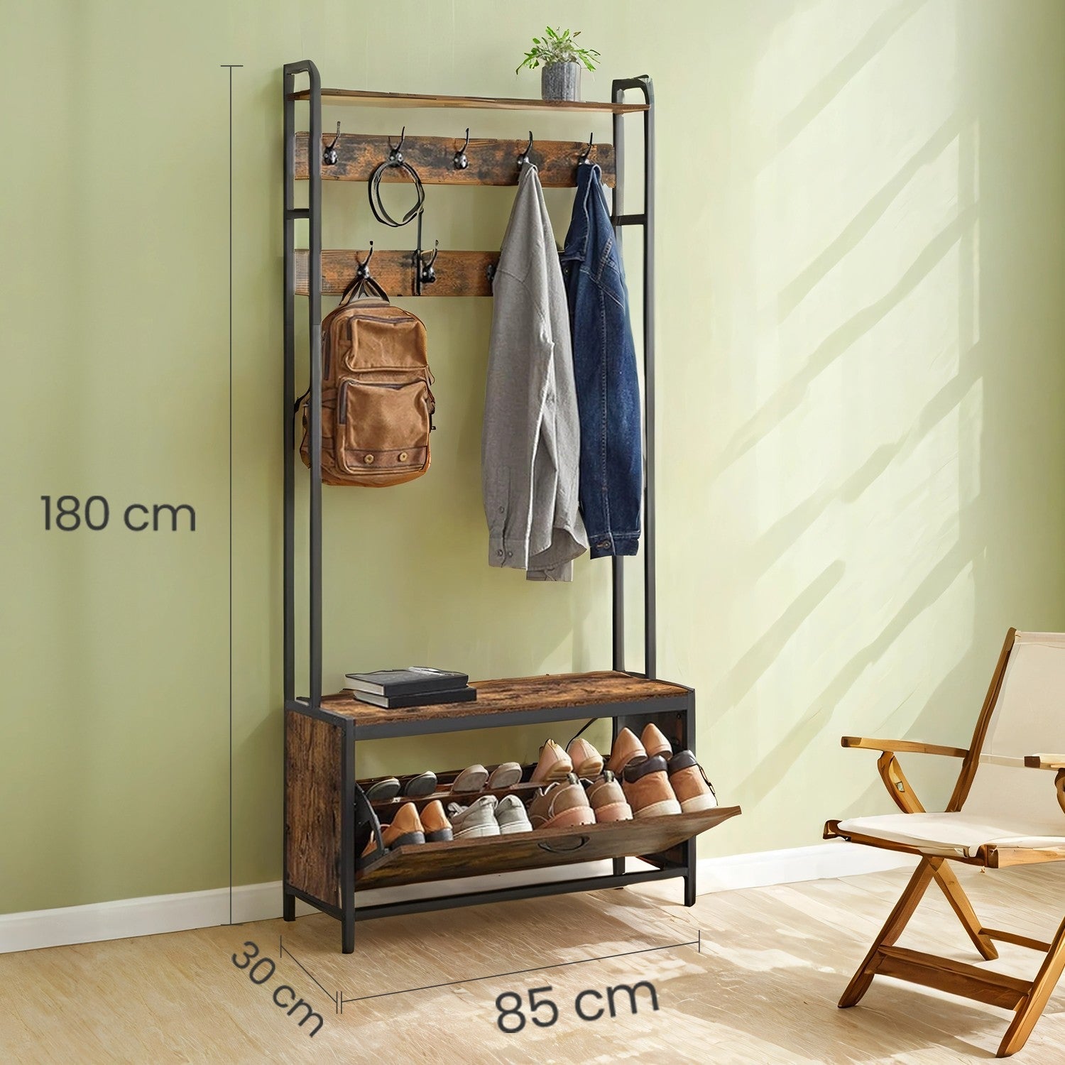 Coat Rack with Shoe Storage – Wood and Metal – Rustic Brown and Black – 9 Hooks and Top Shelf