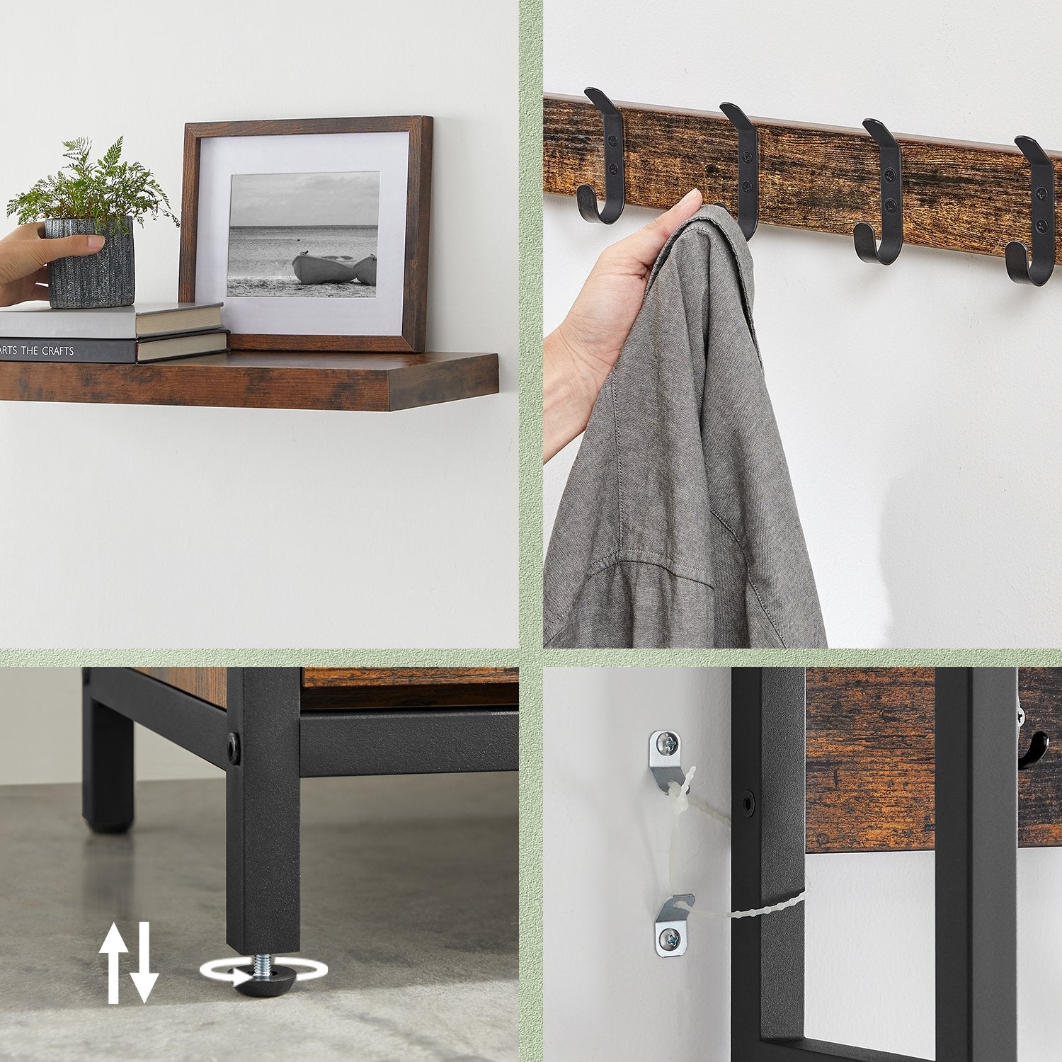 Coat Rack with Shoe Storage – Wood and Metal – Rustic Brown and Black – 9 Hooks and Top Shelf