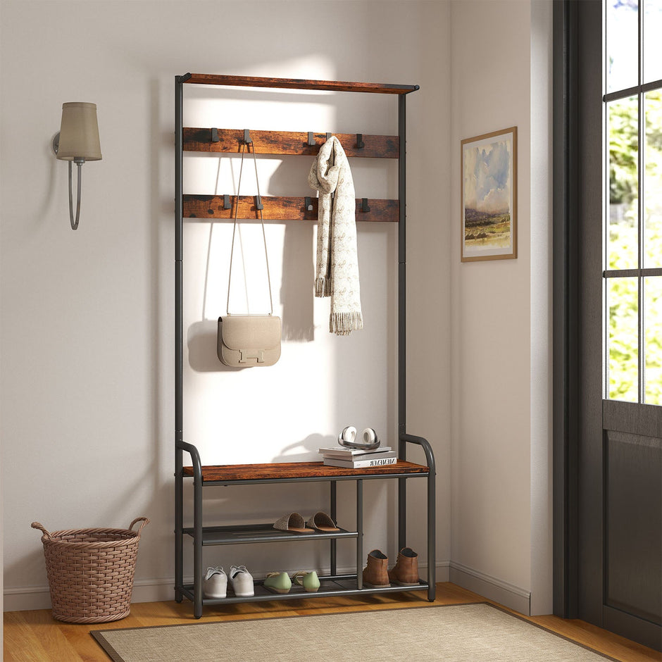 Coat Rack Stand – Wood and Metal – Rustic Brown and Black – Hall Tree with Bench and Shoe Storage, 9 Removable Hooks