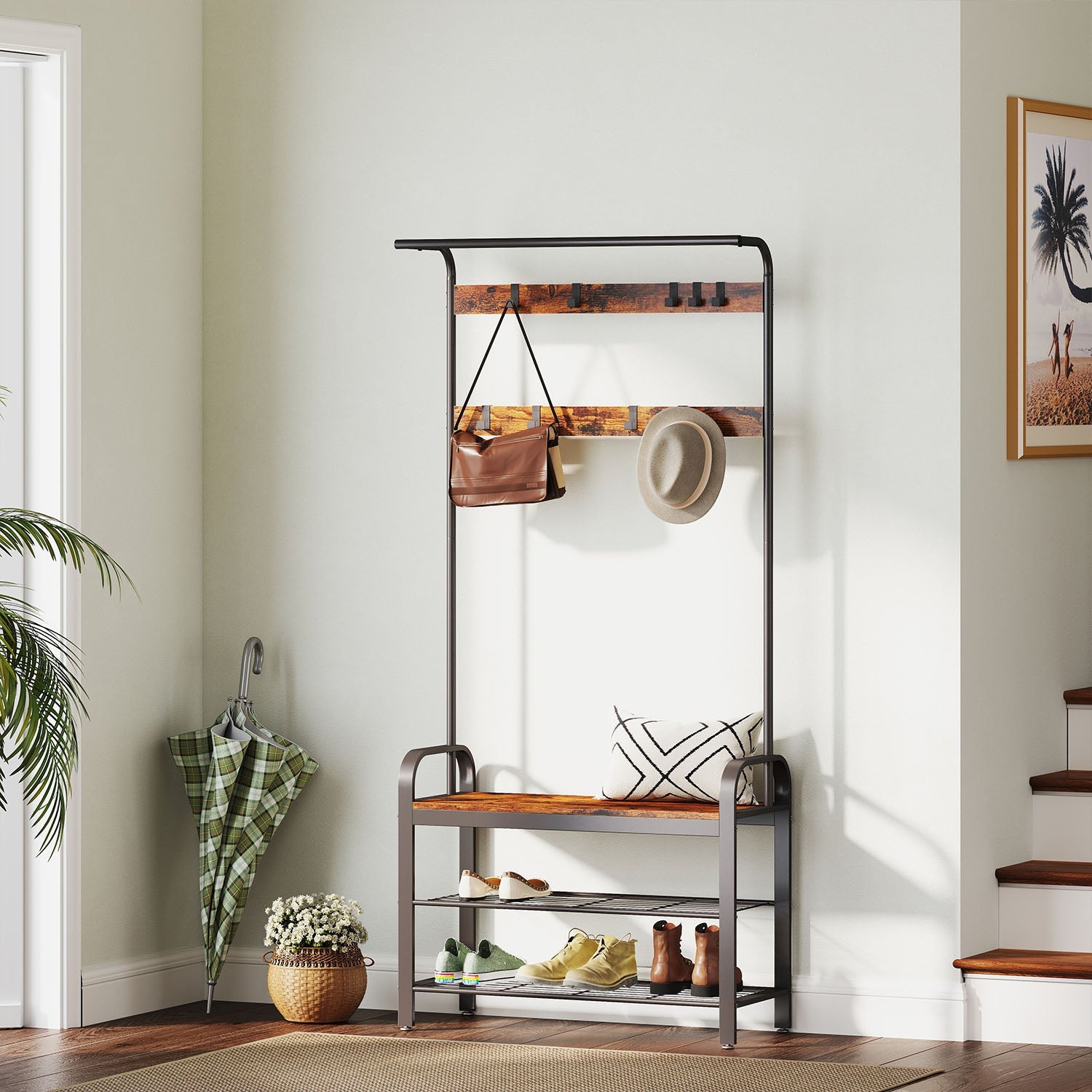 Coat Rack Stand – Wood and Metal – Rustic Brown and Black – Hall Tree with Bench and Shoe Storage, 9 Removable Hooks