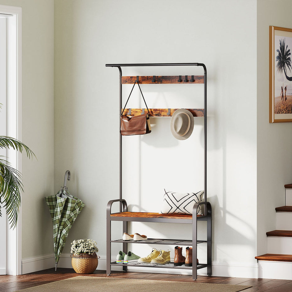 Coat Rack Stand – Wood and Metal – Rustic Brown and Black – Hall Tree with Bench and Shoe Storage, 9 Removable Hooks