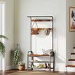 Coat Rack Stand – Wood and Metal – Rustic Brown and Black – Hall Tree with Bench and Shoe Storage, 9 Removable Hooks
